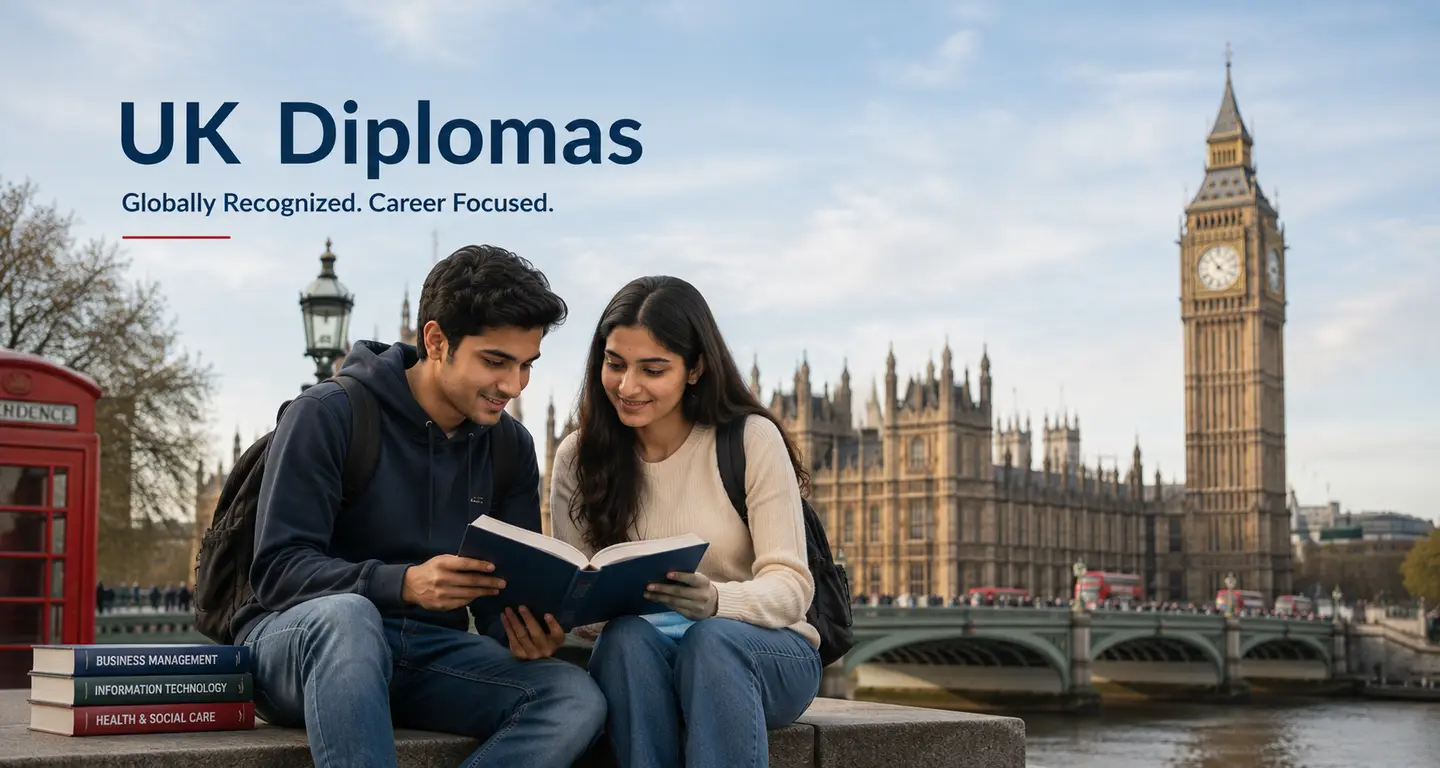 Students in a professional classroom discussing UK diploma progression routes.