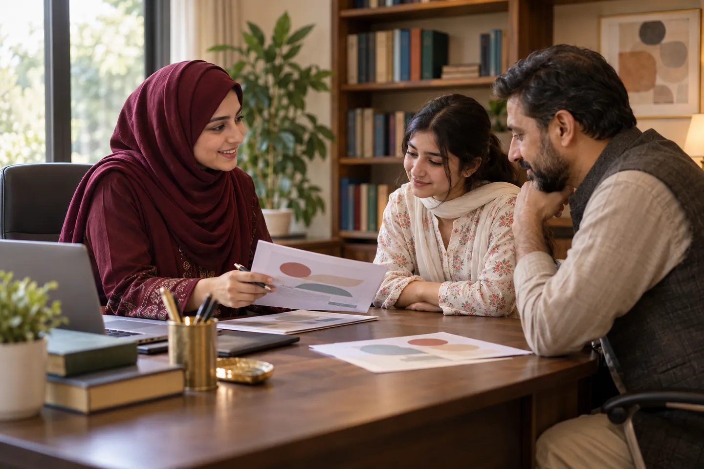 An education counselor reviewing documents with a student and her father in a consultation office.