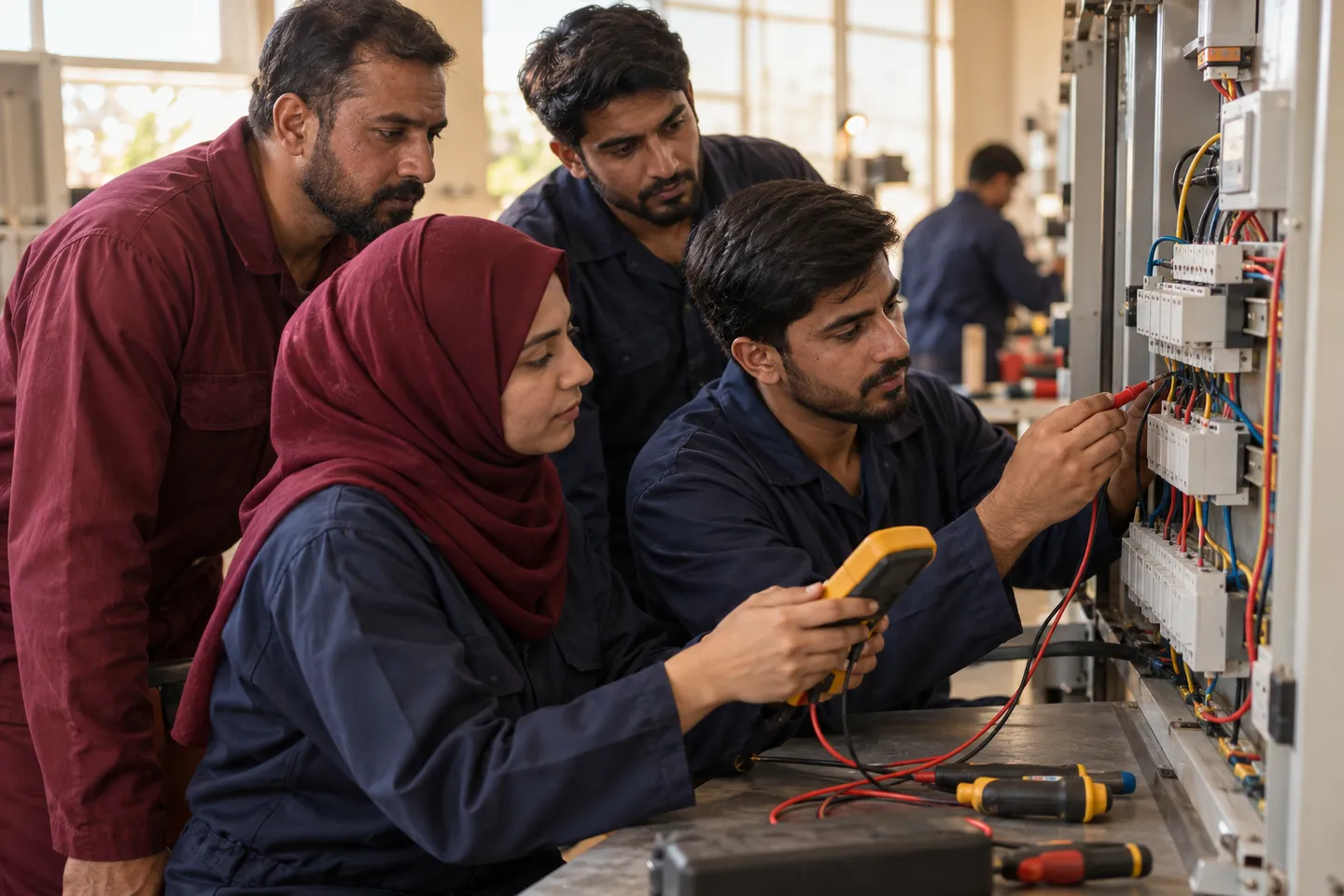 Electrical trainees wiring and testing a distribution panel in a training lab.