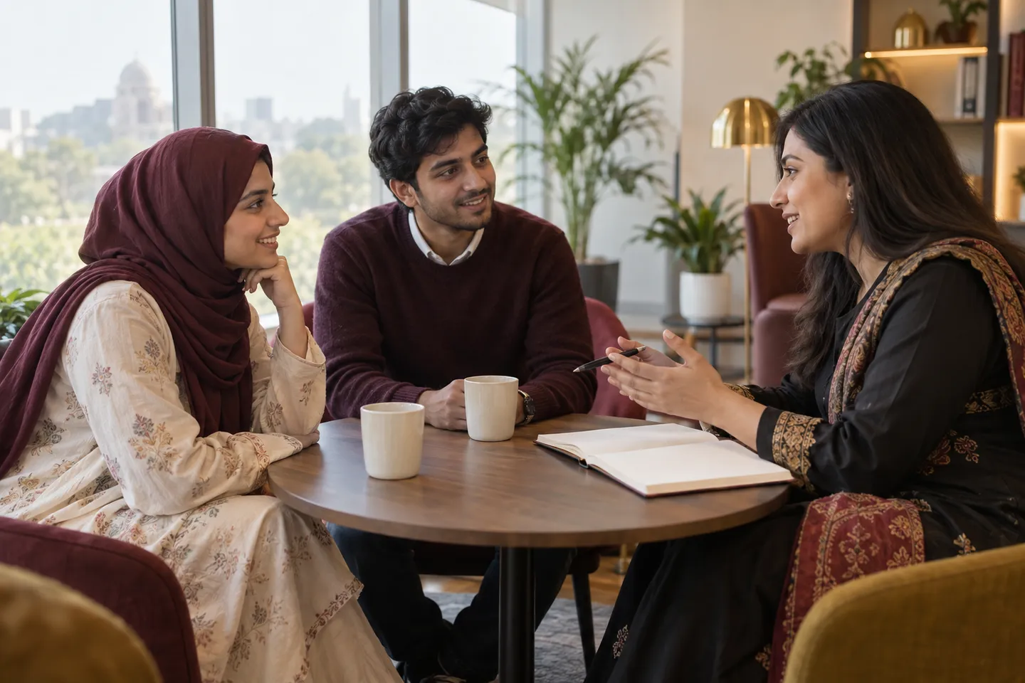 An education advisor answering questions from two students at a table in a bright office.
