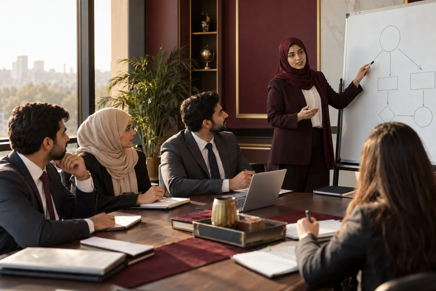 MBA students in a seminar room while a classmate presents a diagram on a whiteboard.