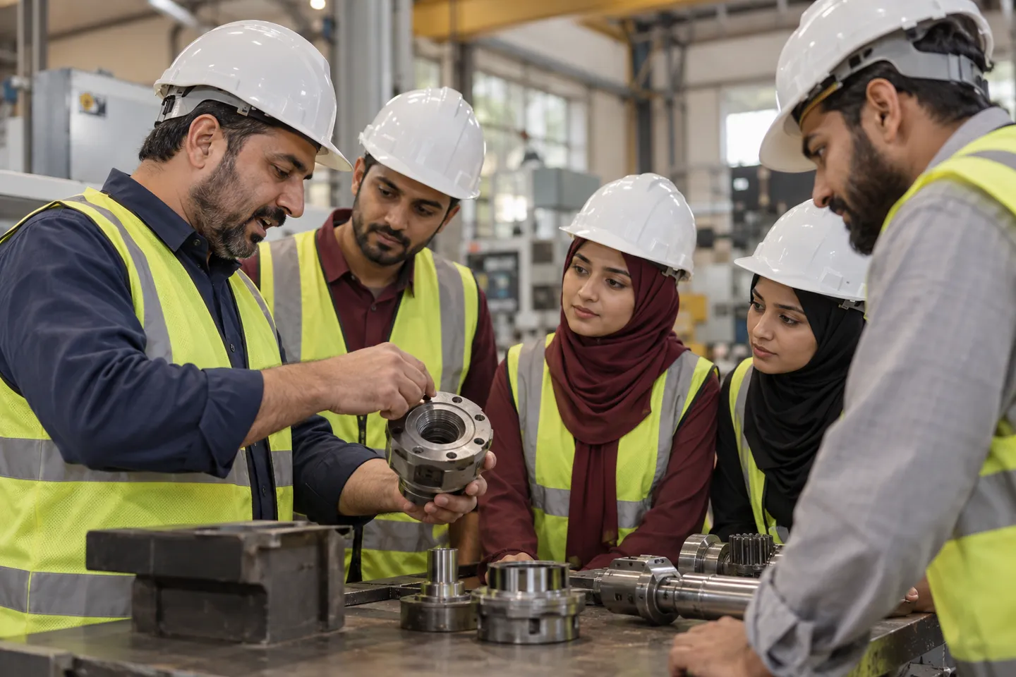 A trainer leading a practical session for engineers and supervisors in hard hats inside an industrial plant.