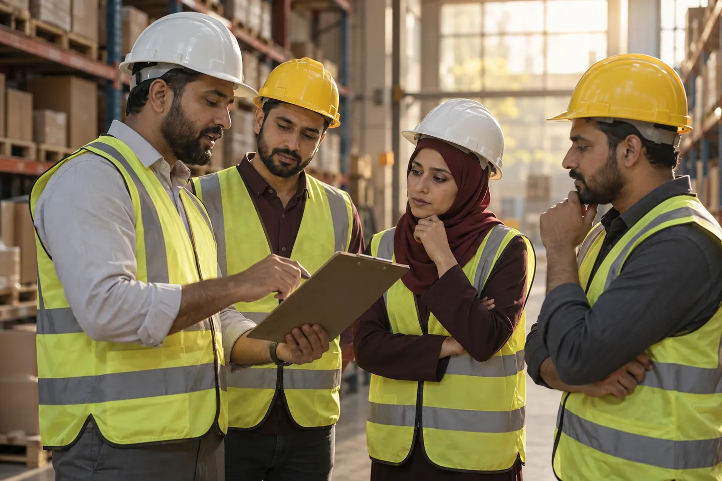 A health and safety manager in a hard hat walking site managers through a risk assessment in a warehouse.