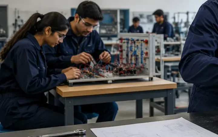 Technical trainees assembling electrical circuits at a workbench in a training lab.