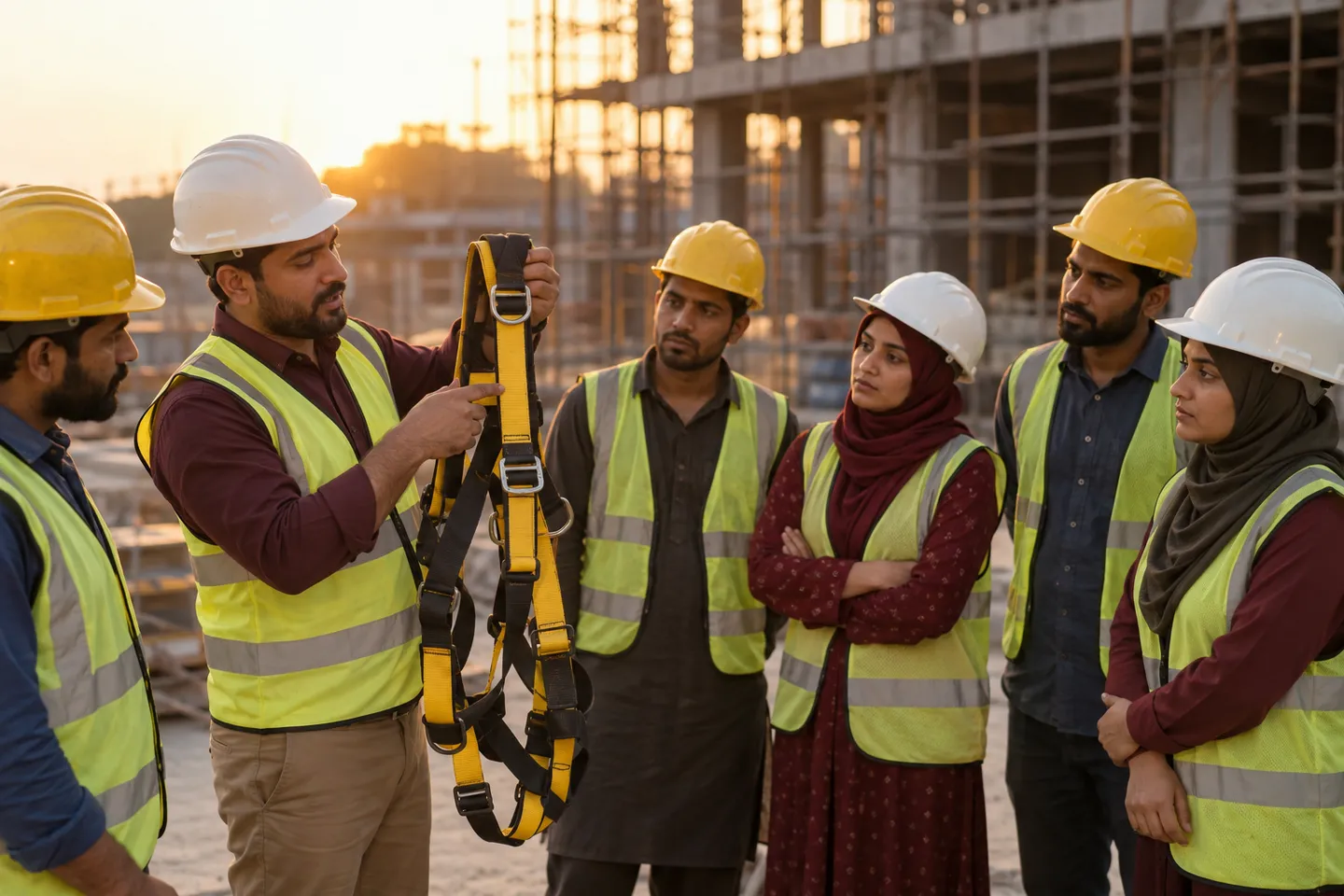 A safety supervisor demonstrating a fall-protection harness to construction workers on site.