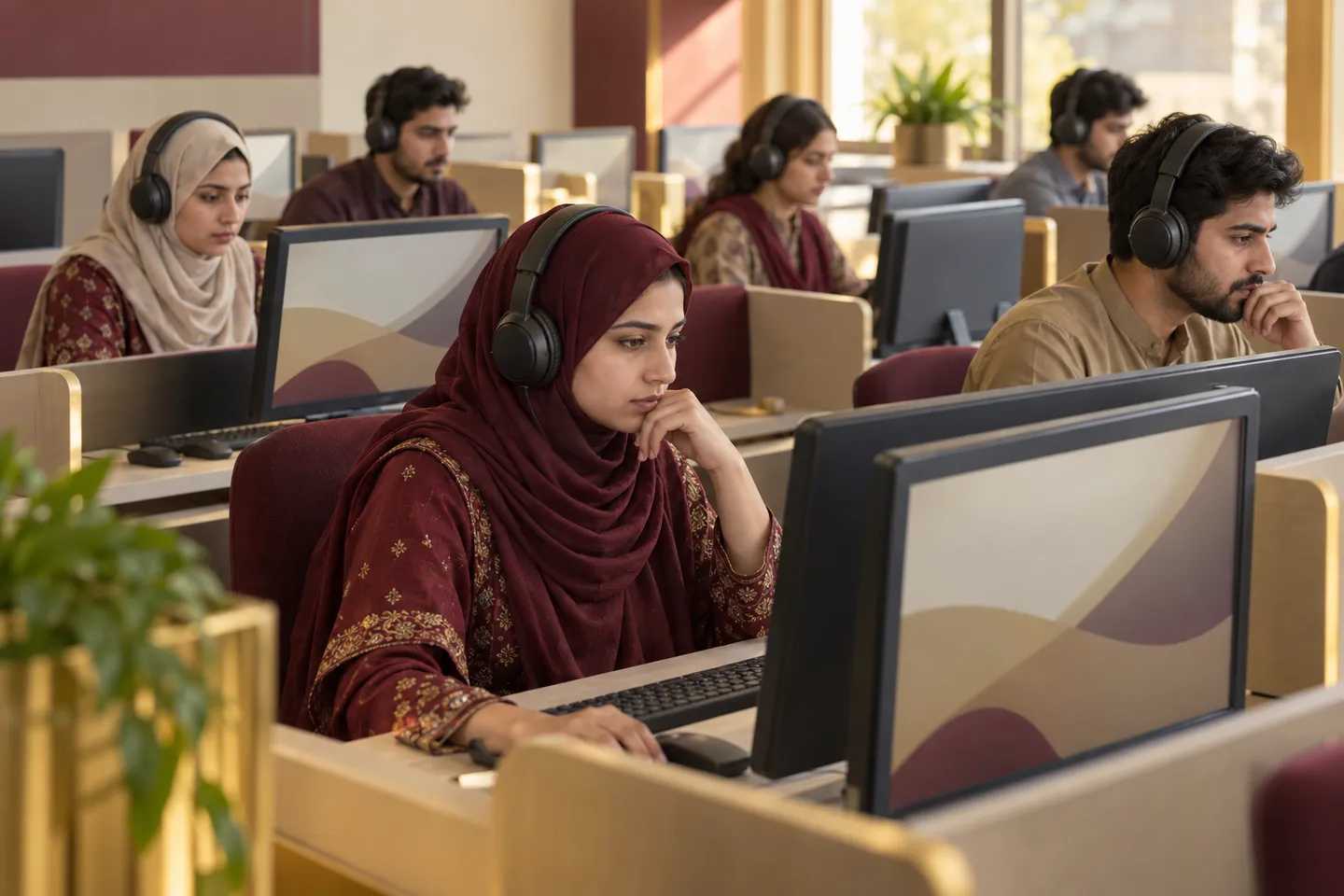 Students wearing headsets taking a computer-based English test in a testing lab.