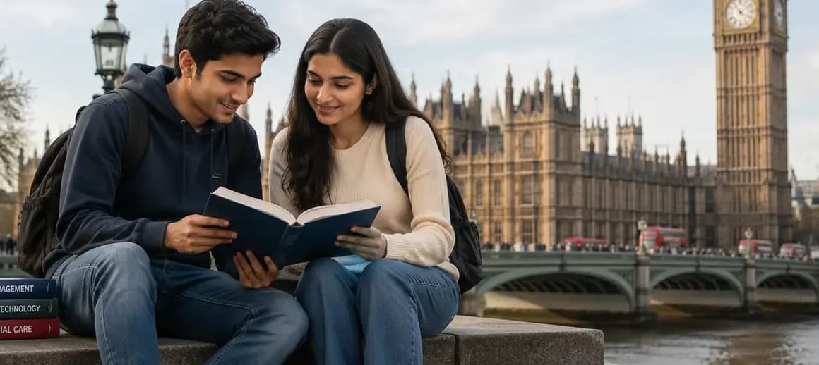 Two students studying together beside the Houses of Parliament in London.